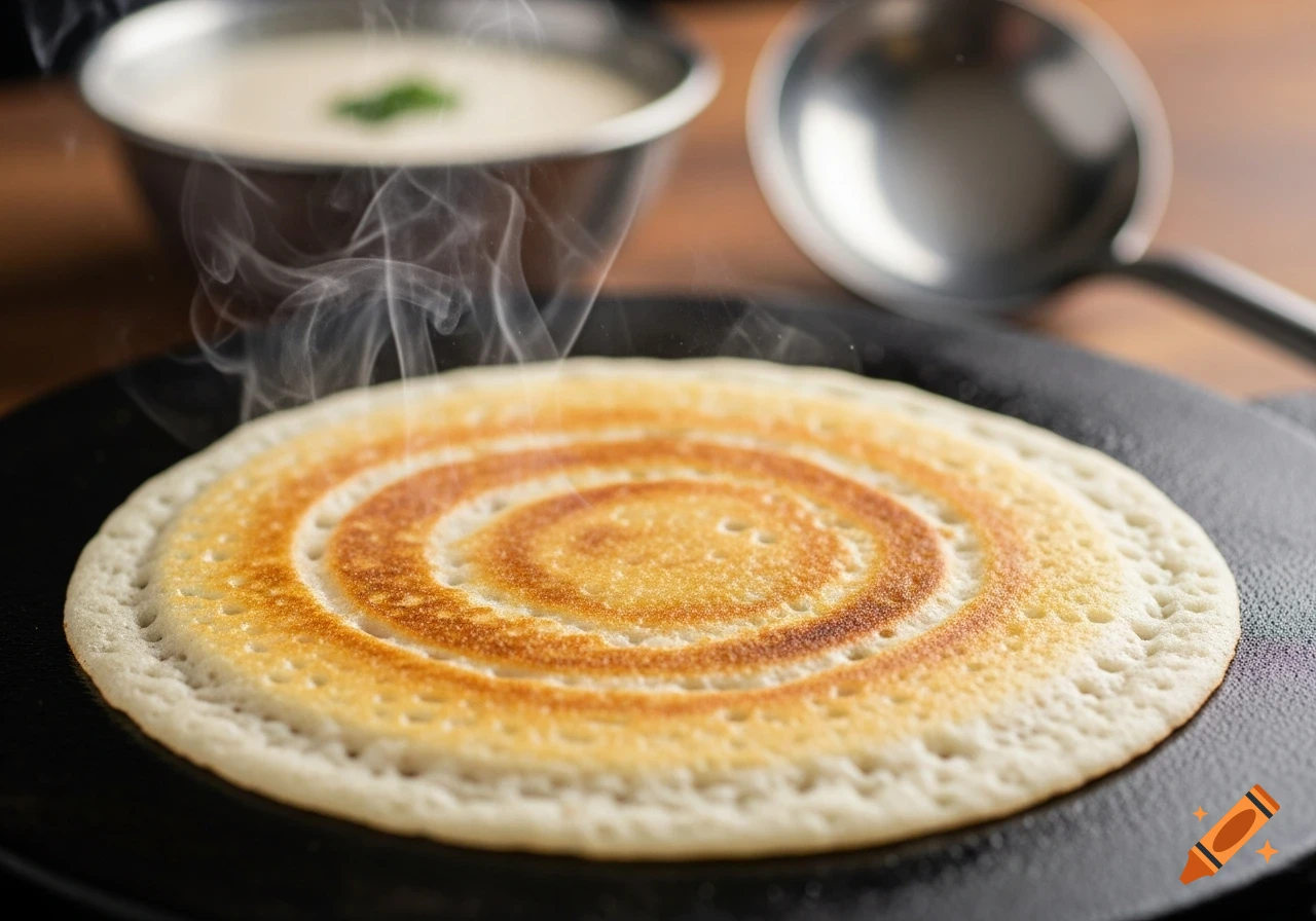 A perfectly golden, crisp South Indian dosa cooks on a cast-iron tawa, with soft steam rising. A bowl and ladle are blurred in the background.