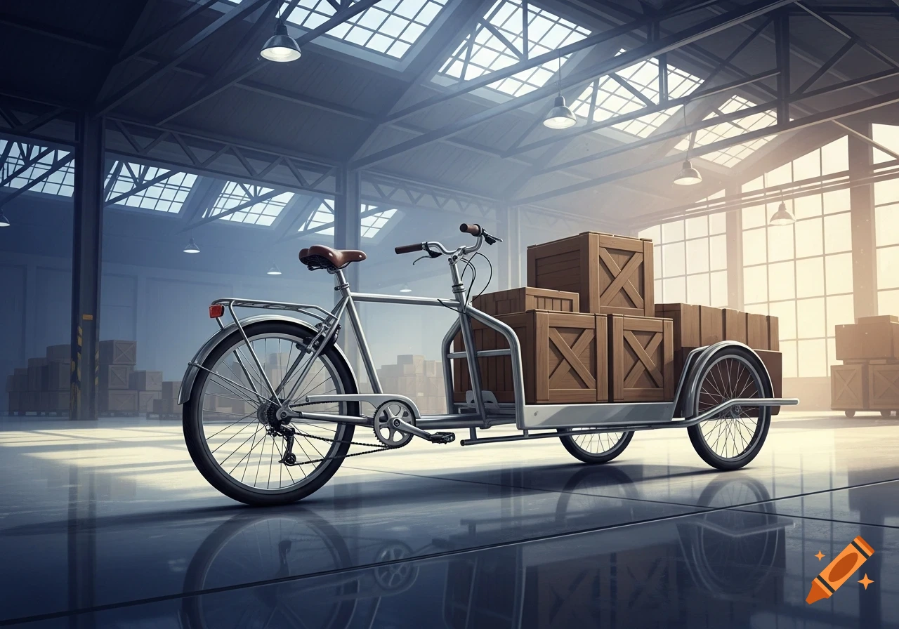 A silver cargo bike with wooden boxes in its front bed sits on a shiny floor inside a vast, well-lit warehouse with skylights.
