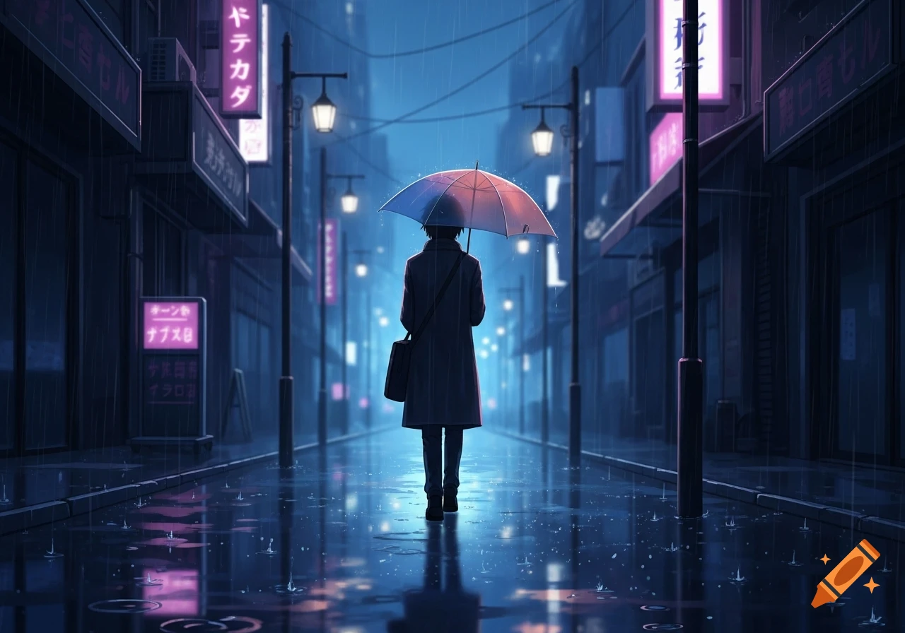 An anime-style person walks away from the viewer under an umbrella on a rainy city street at night, with neon signs reflecting in puddles.