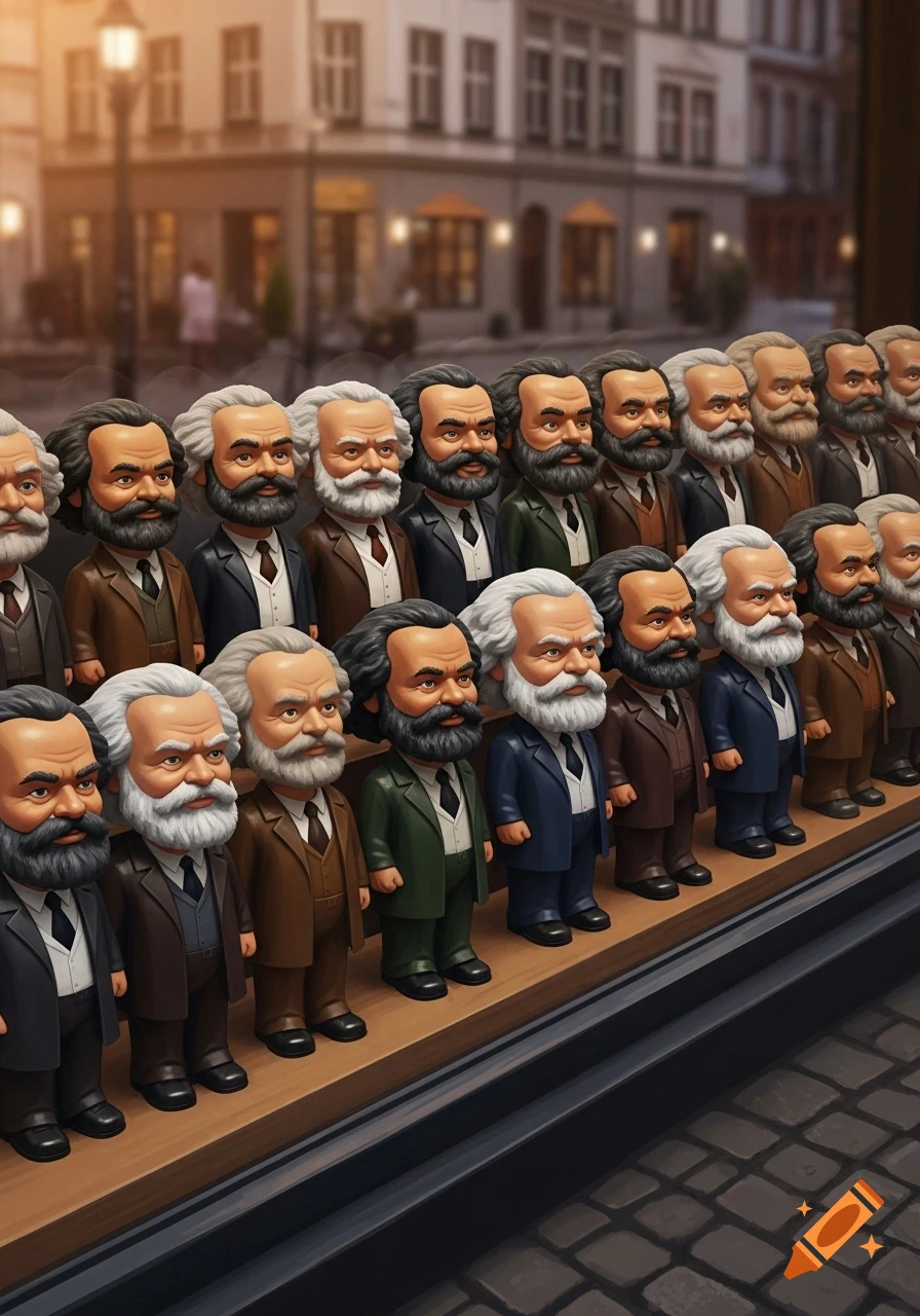 Dozens of stylized Karl Marx bobblehead dolls displayed in a shop window with a blurred street background.