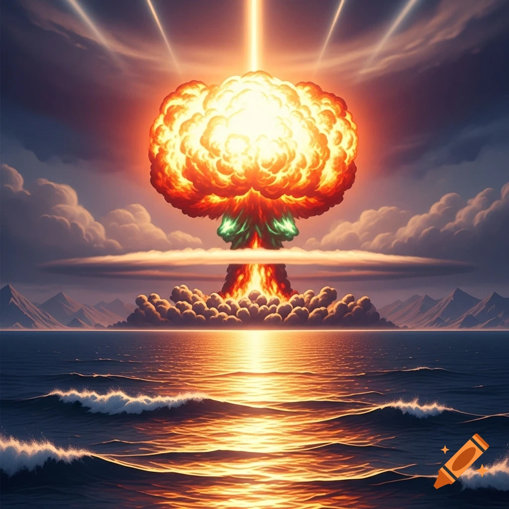 A stylized nuclear mushroom cloud explodes from the ocean, reflecting fiery light on waves under a dramatic sky.