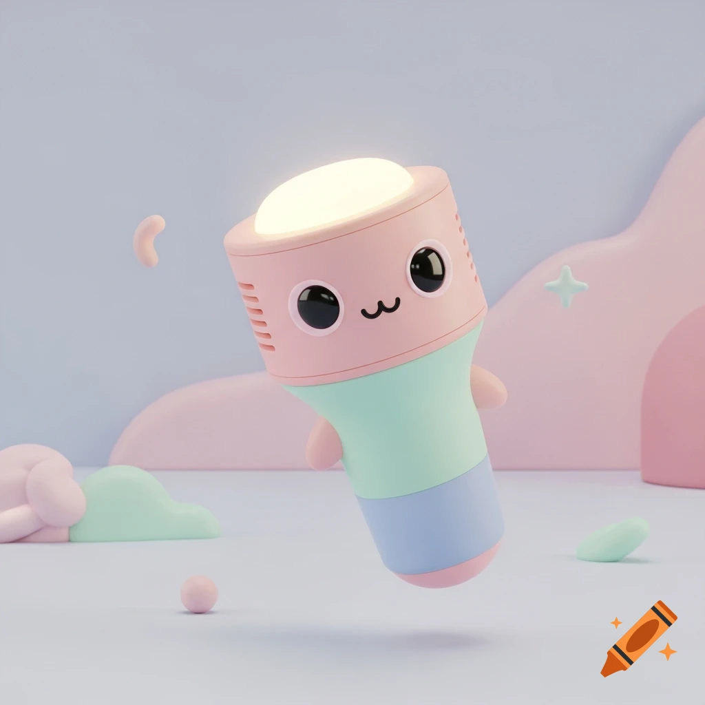 A cute, pastel pink, mint green, and blue 3D rendered flashlight with a smiling face and glowing top, set on a soft background.