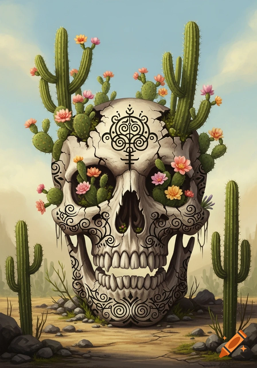 A heavily stylized, tattoo-inspired skull with cacti and colorful flowers growing from its cracked top, set against a desert background.