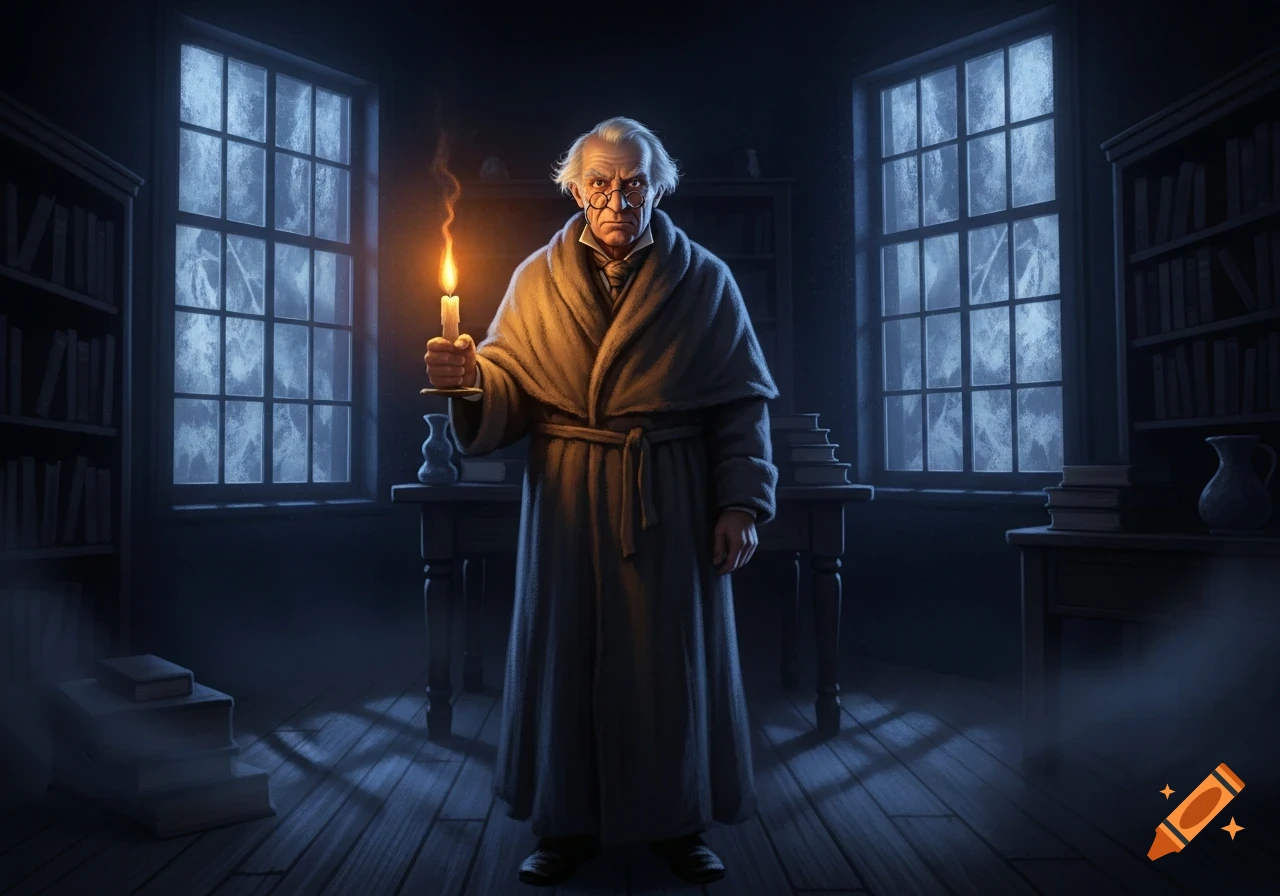 An old man in a dressing gown holds a lit candle in a dark, snowy room with bookshelves.