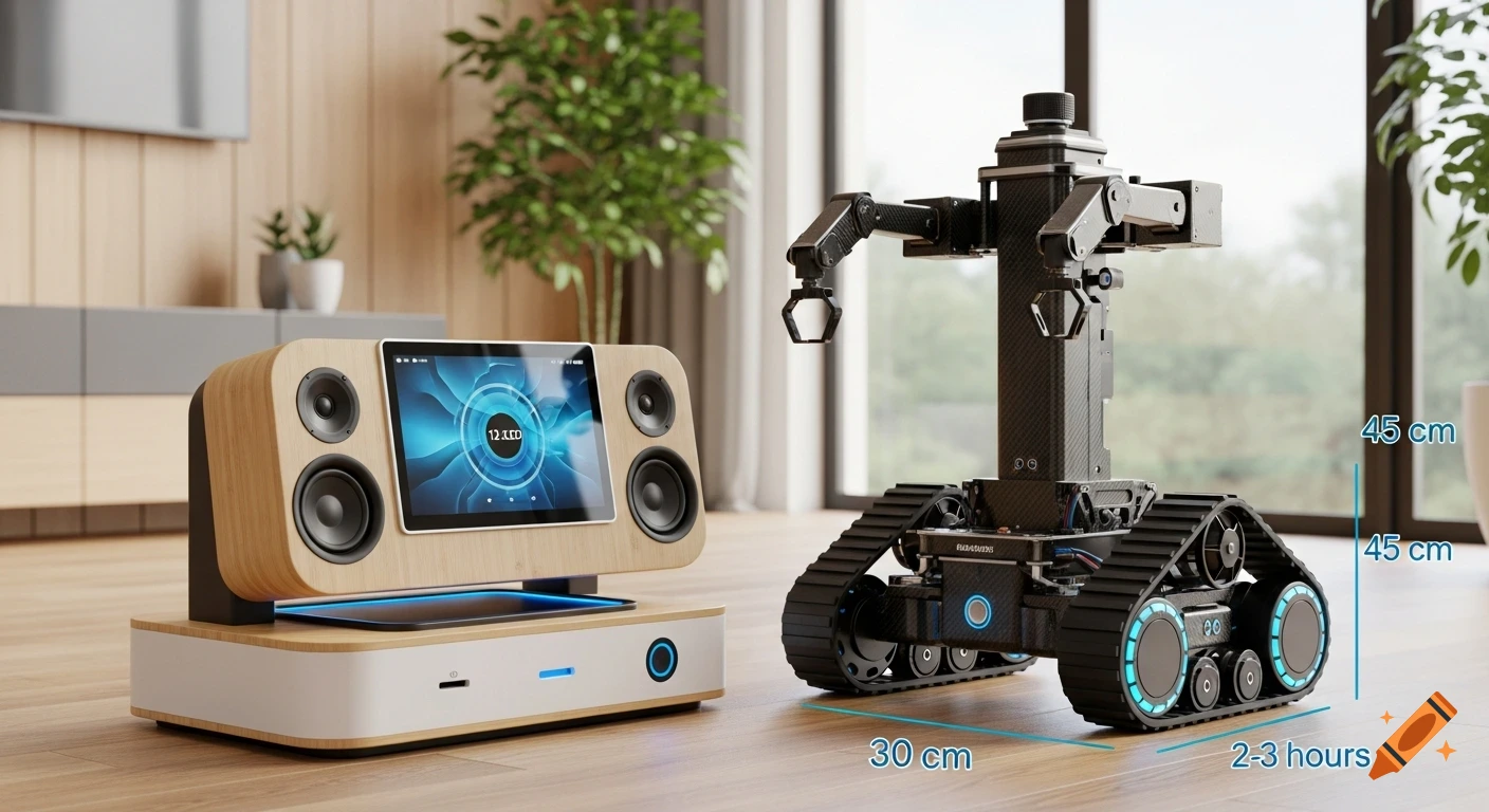 A modern home robot on tracks with a mechanical arm stands next to a wooden speaker system with a tablet screen, showing product dimensions.