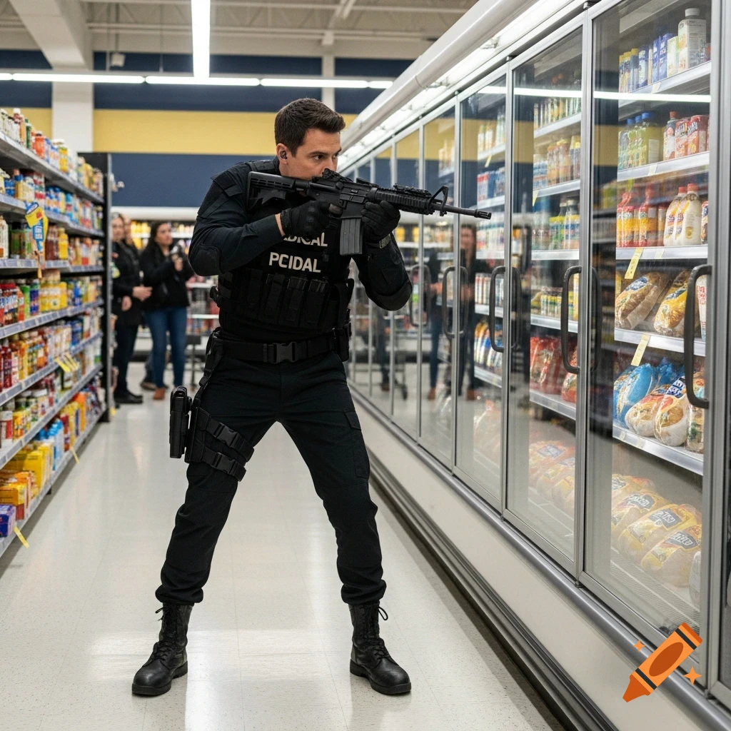 A man in black tactical gear and boots, holding a rifle, stands in the aisle of a grocery store.