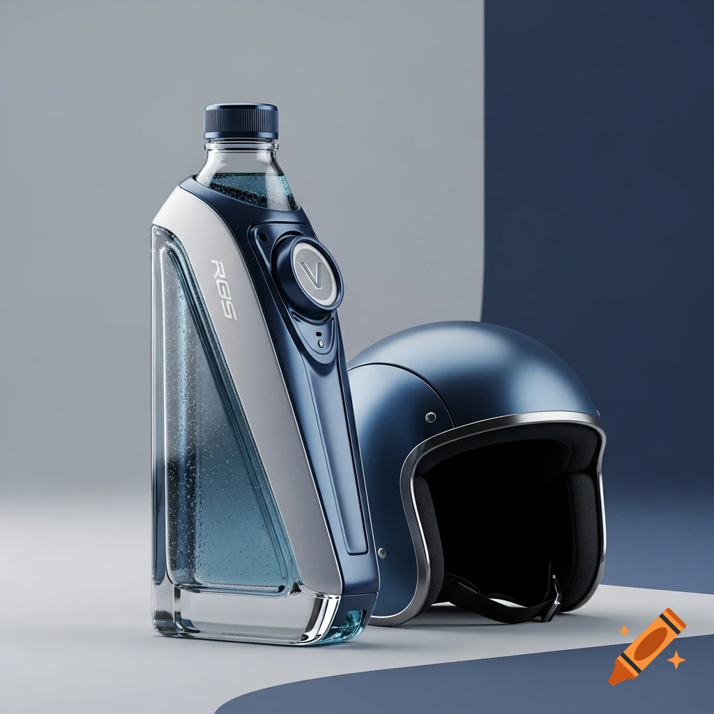 A sleek, futuristic blue and white water bottle with 'RGS' text stands next to a matching blue motorcycle helmet on a two-toned background.