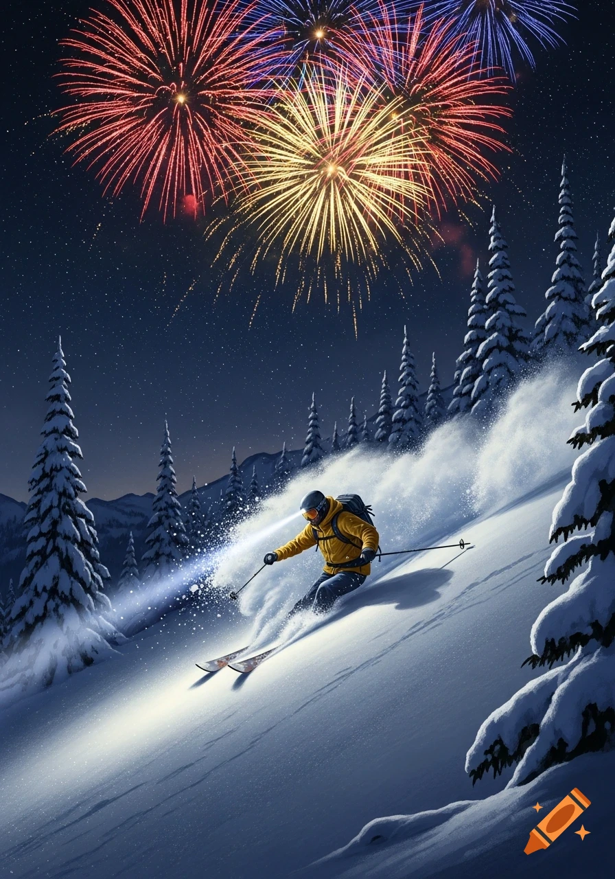 A skier in a yellow jacket carves down a snowy mountain at night under a starry sky with colorful fireworks and snow-covered pine trees.