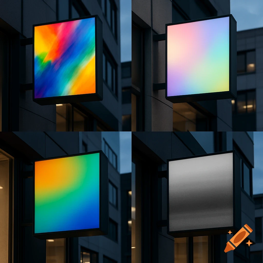 Four square glowing signs on a dark building wall at night, displaying colorful abstract patterns and gradients, one monochromatic.