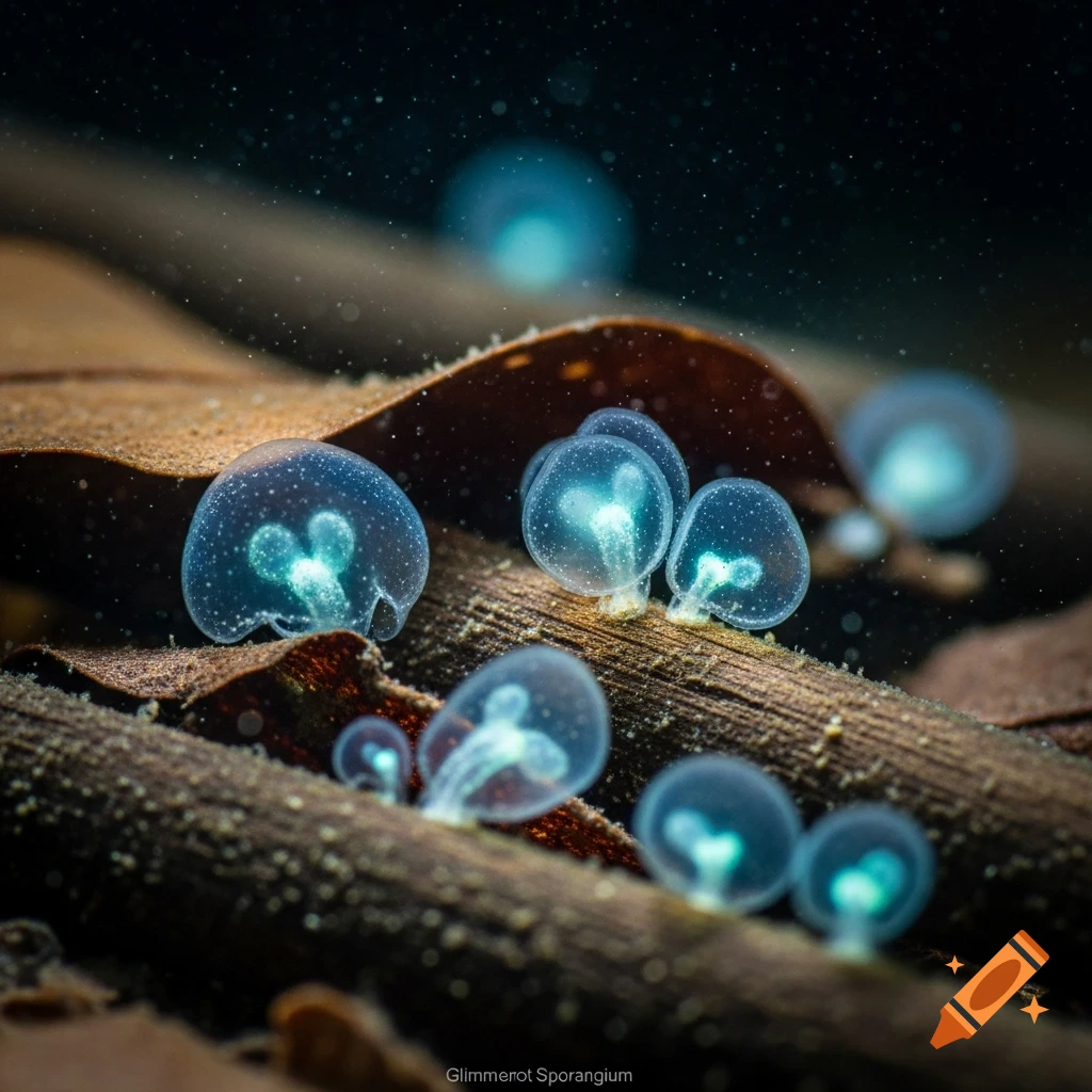 Macro photograph of translucent blue-green bioluminescent jelly-like organisms, Glimmerrot Sporangium, on decaying leaves underwater.