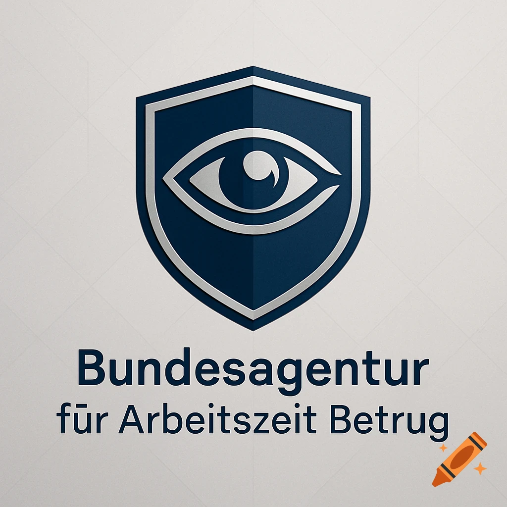 A blue and silver shield logo with a stylized eye in the center, above the German text "Bundesagentur für Arbeitszeit Betrug" on a light gray background.