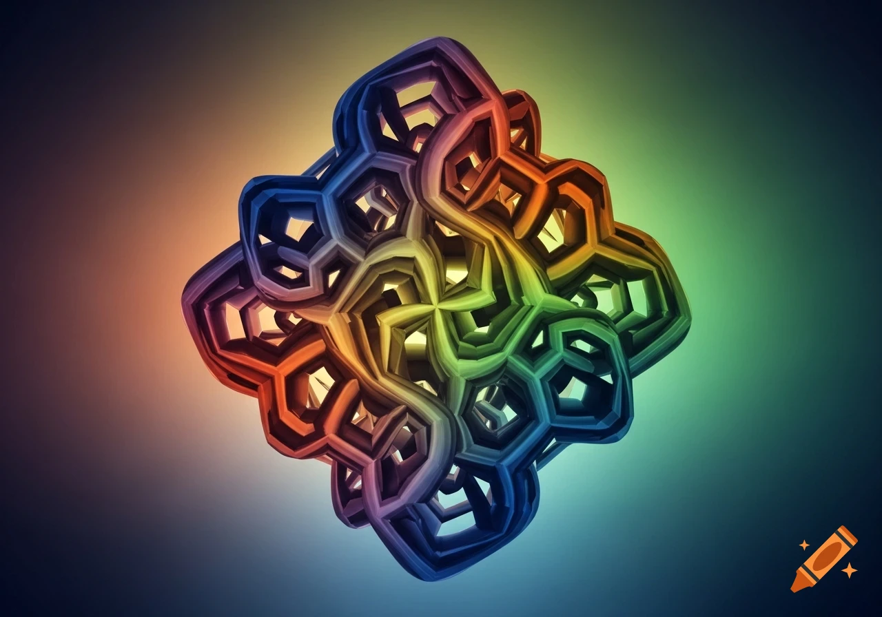 An intricate, colorful geometric fractal shape with a rainbow gradient against a blurred, dark background.