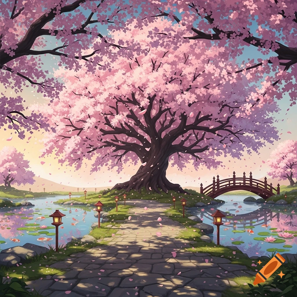 Anime-style illustration of a Japanese garden with pink cherry blossom trees over a stone path, a pond with koi and lilies, and a red bridge.