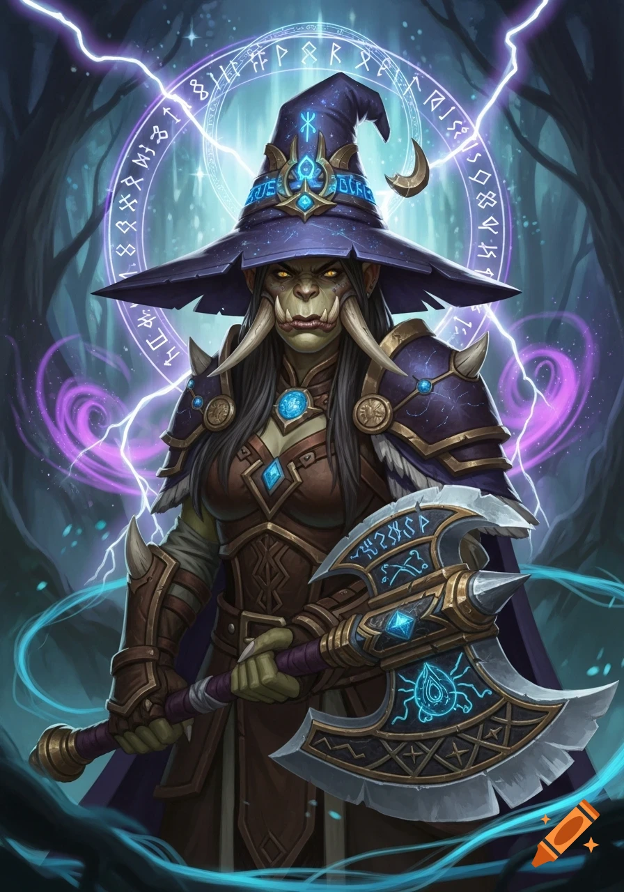 A detailed fantasy illustration of a female orc in a wizard hat and armor, holding a glowing battleaxe with a magical lightning background.