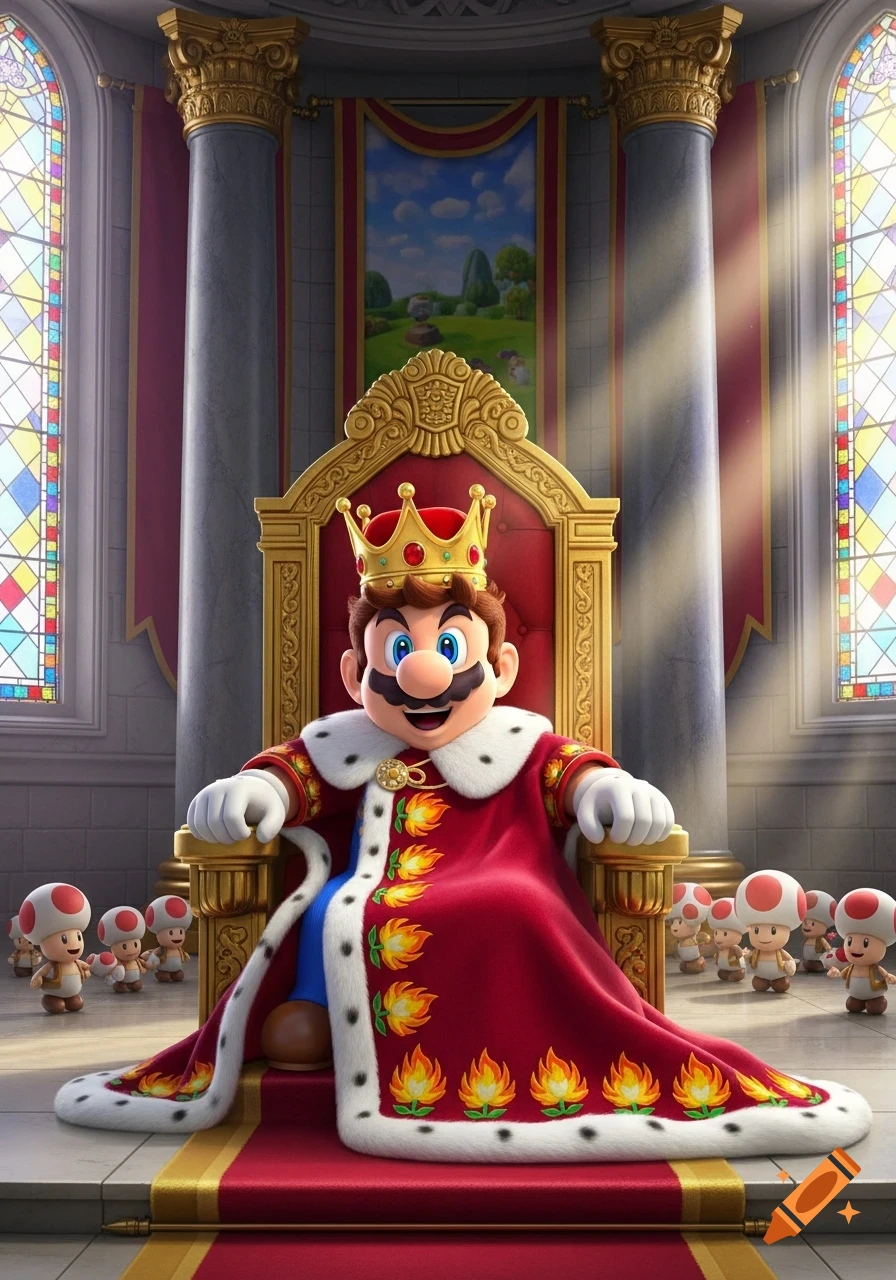 King Mario sits majestically on a golden throne, wearing a red and white robe and crown, surrounded by small Toads in a grand hall.