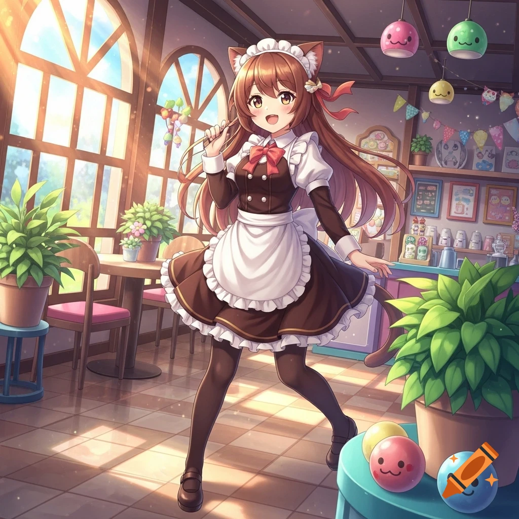 An anime cat-girl maid with long brown hair smiles, standing inside a bright, cozy cafe with large windows.