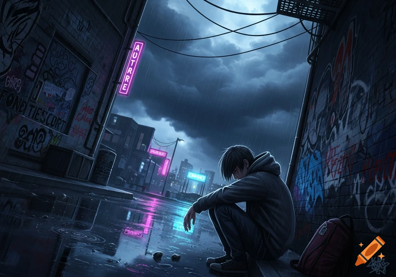 Anime-style figure hunched in a dark, rainy urban alley with neon signs and graffiti, reflections in puddles.