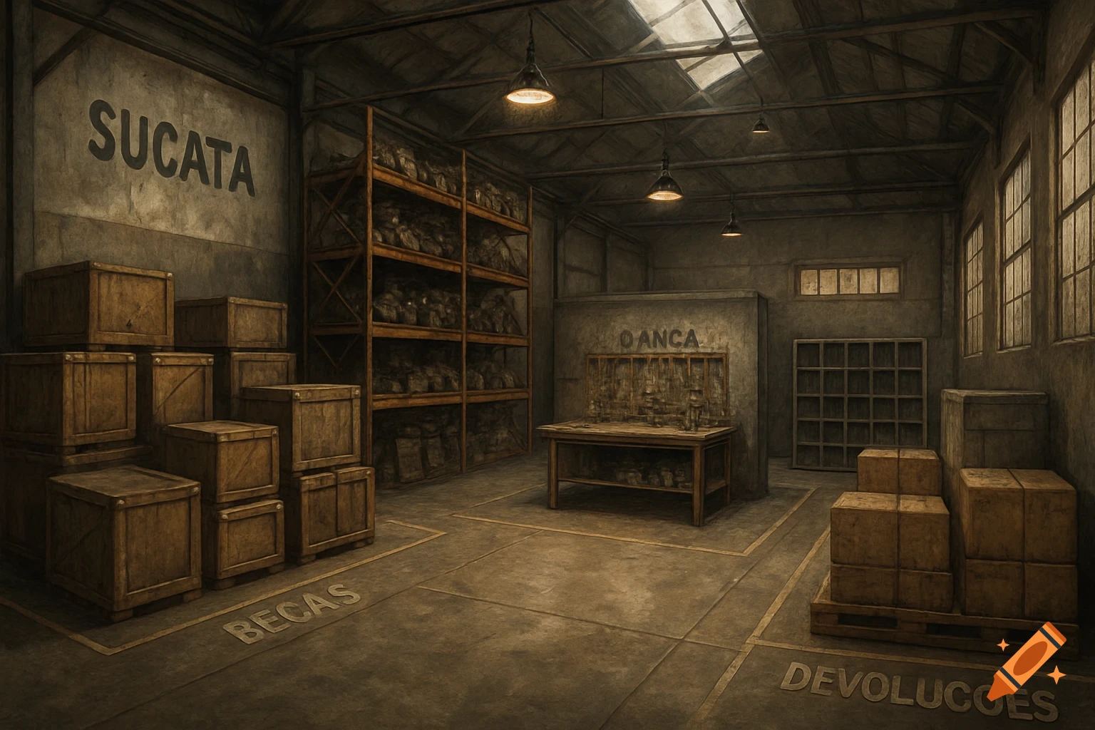 An industrial warehouse interior with stacked wooden crates, metal shelves filled with items, and a workbench, all under industrial lighting.