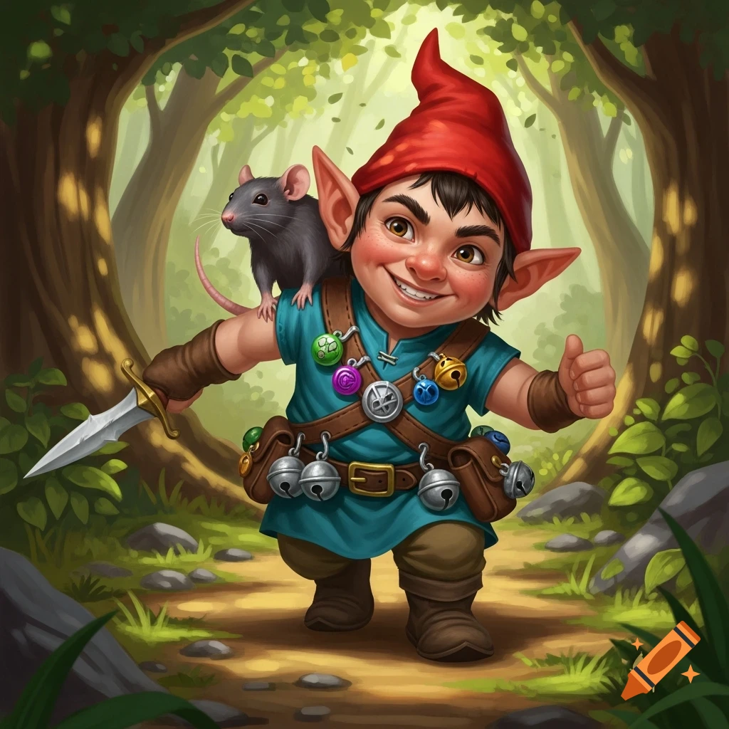 A cheerful gnome with a red hat, dagger, and a pet rat on its shoulder ...