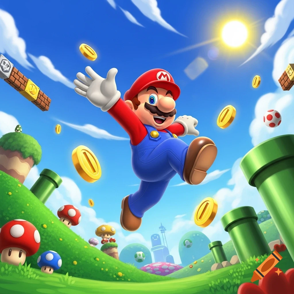 Mario jumps excitedly in a vibrant, cartoonish video game landscape filled with golden coins, green pipes, and mushrooms under a bright blue sky.