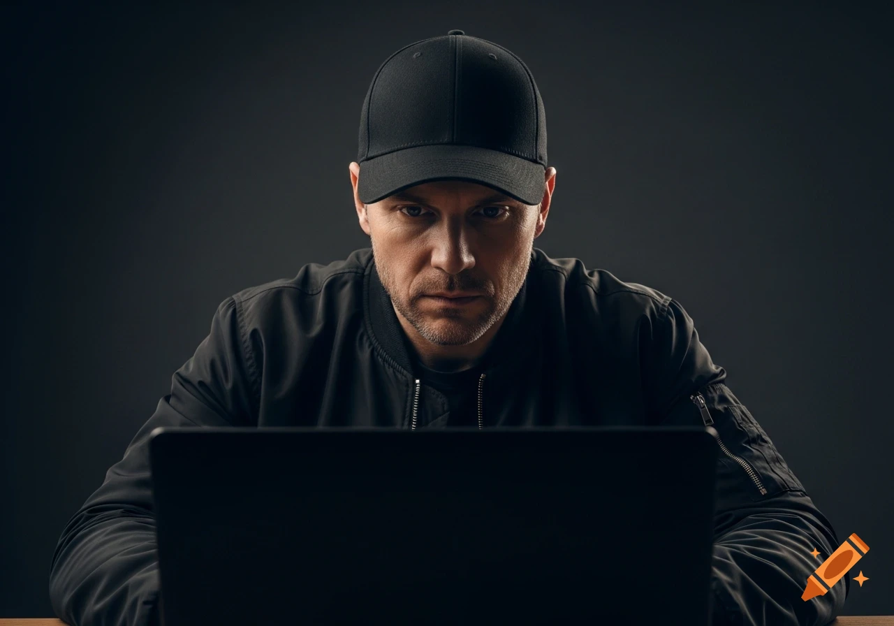 A serious man in a black baseball cap and bomber jacket looking down at a laptop against a dark background, photorealistic style.