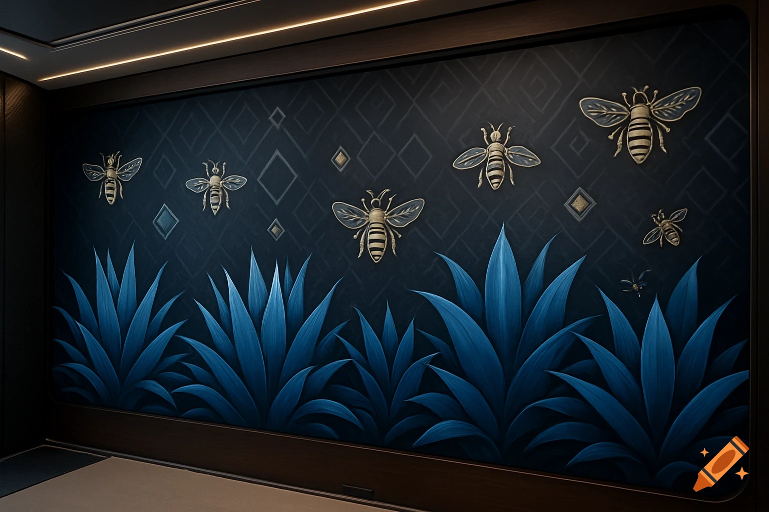 Decorative wall decal with golden bees, blue agave plants, and subtle geometric patterns on a dark blue background.