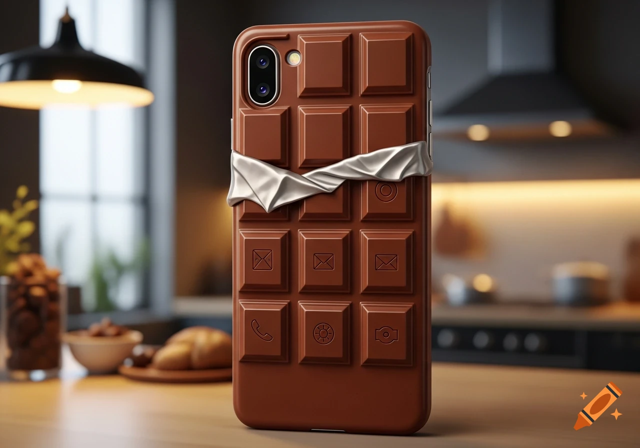 A smartphone case designed like a chocolate bar with a white wrapper section, featuring app icons on the chocolate squares, set on a kitchen counter.