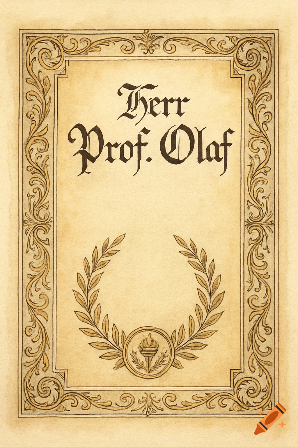Vintage certificate with ornate gold borders, a laurel wreath, and the name 'Herr Prof. Olaf' in gothic script.