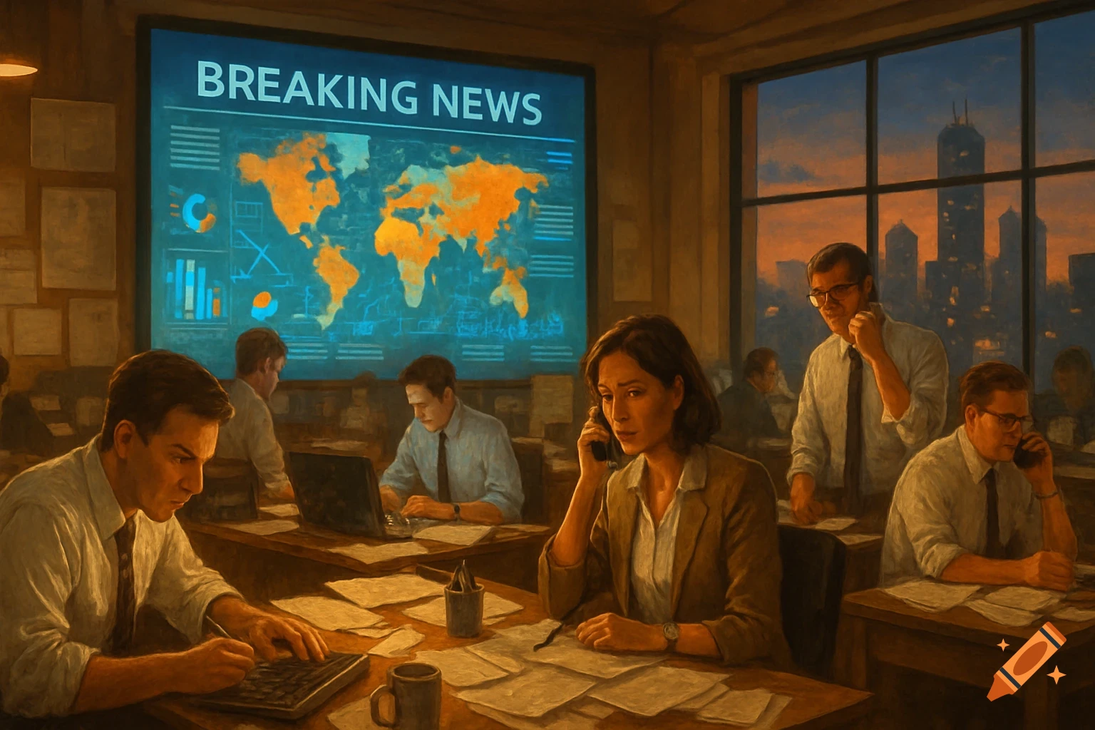 A newsroom at dusk, reporters working at desks, a large screen shows 'BREAKING NEWS' and a world map, city skyline visible outside.