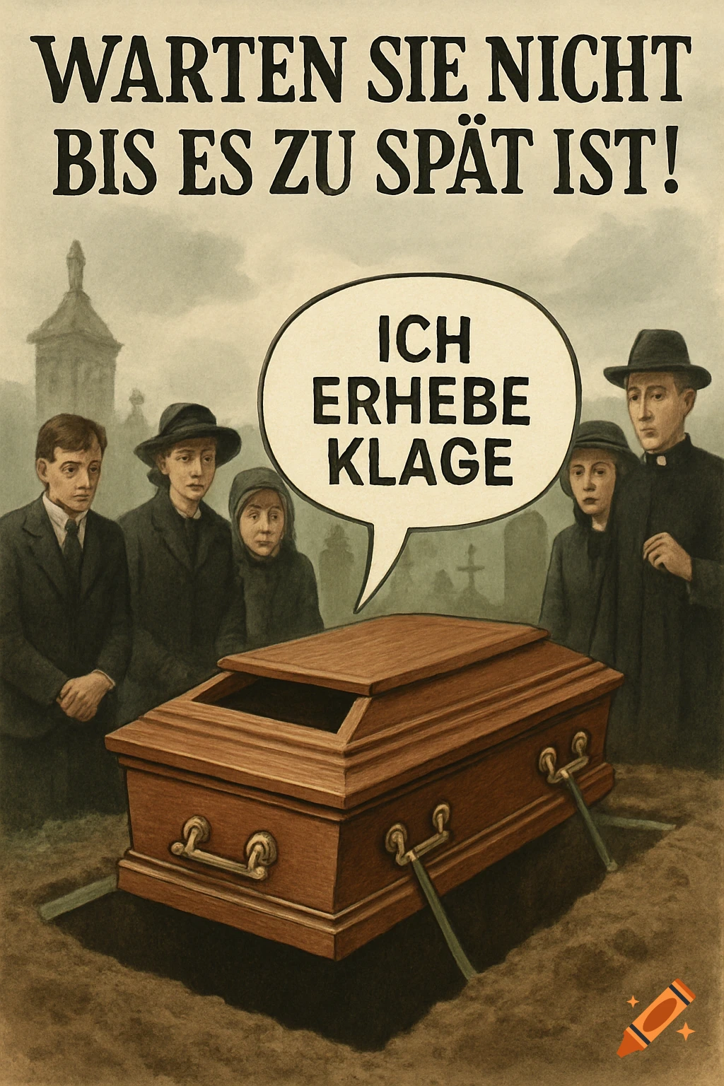 Vintage illustration of a funeral with mourners, an open coffin, and German text in a speech bubble and headline.