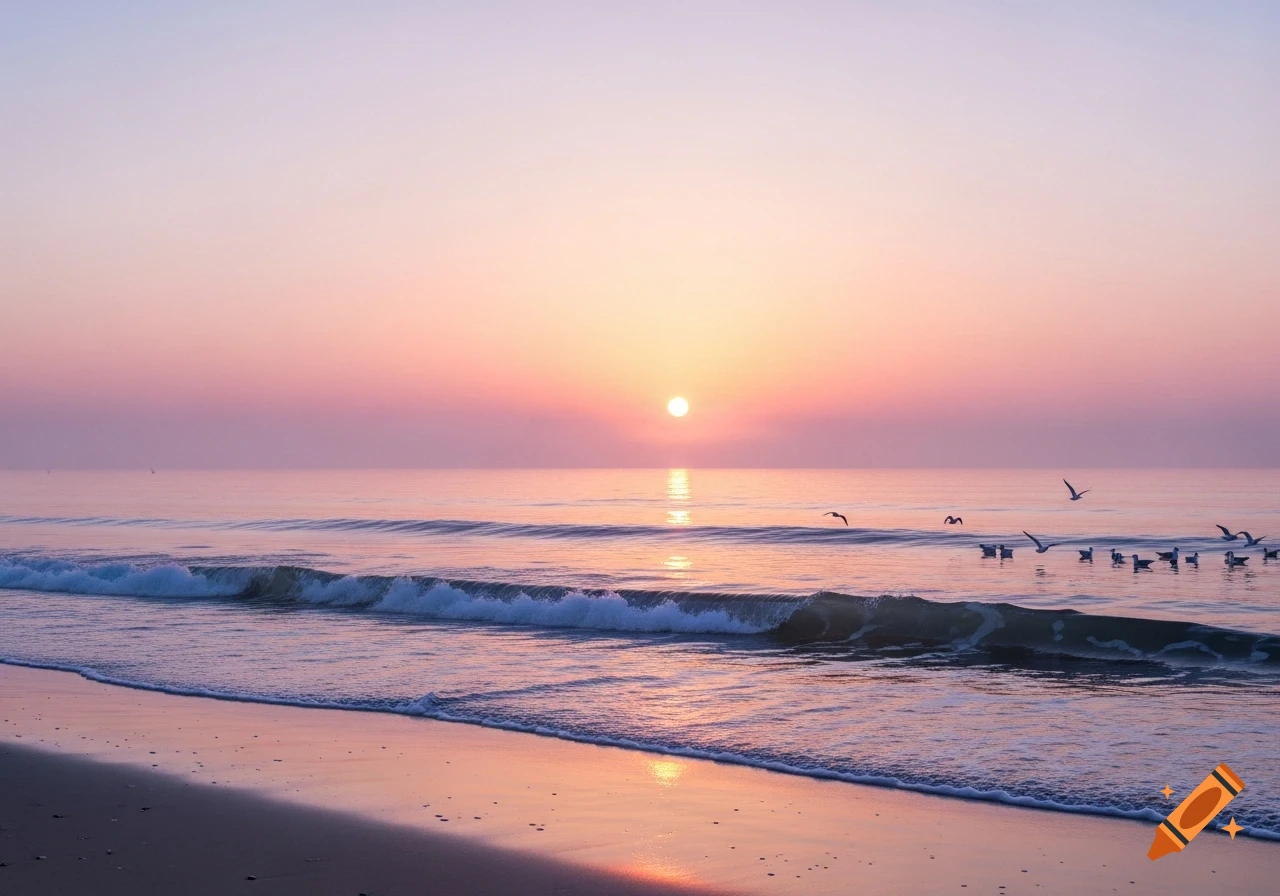 Photorealistic image of a pink and purple sunset over a calm sea with waves gently washing onto a sandy beach, with birds flying and resting on the water.
