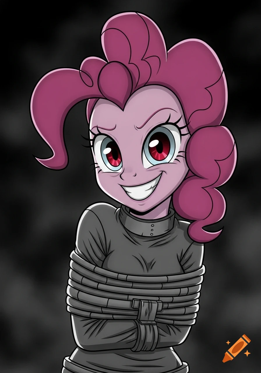 Humanoid Pinkie Pie in a noir anime style, wearing a straitjacket with a sinister grin and dilated red eyes.