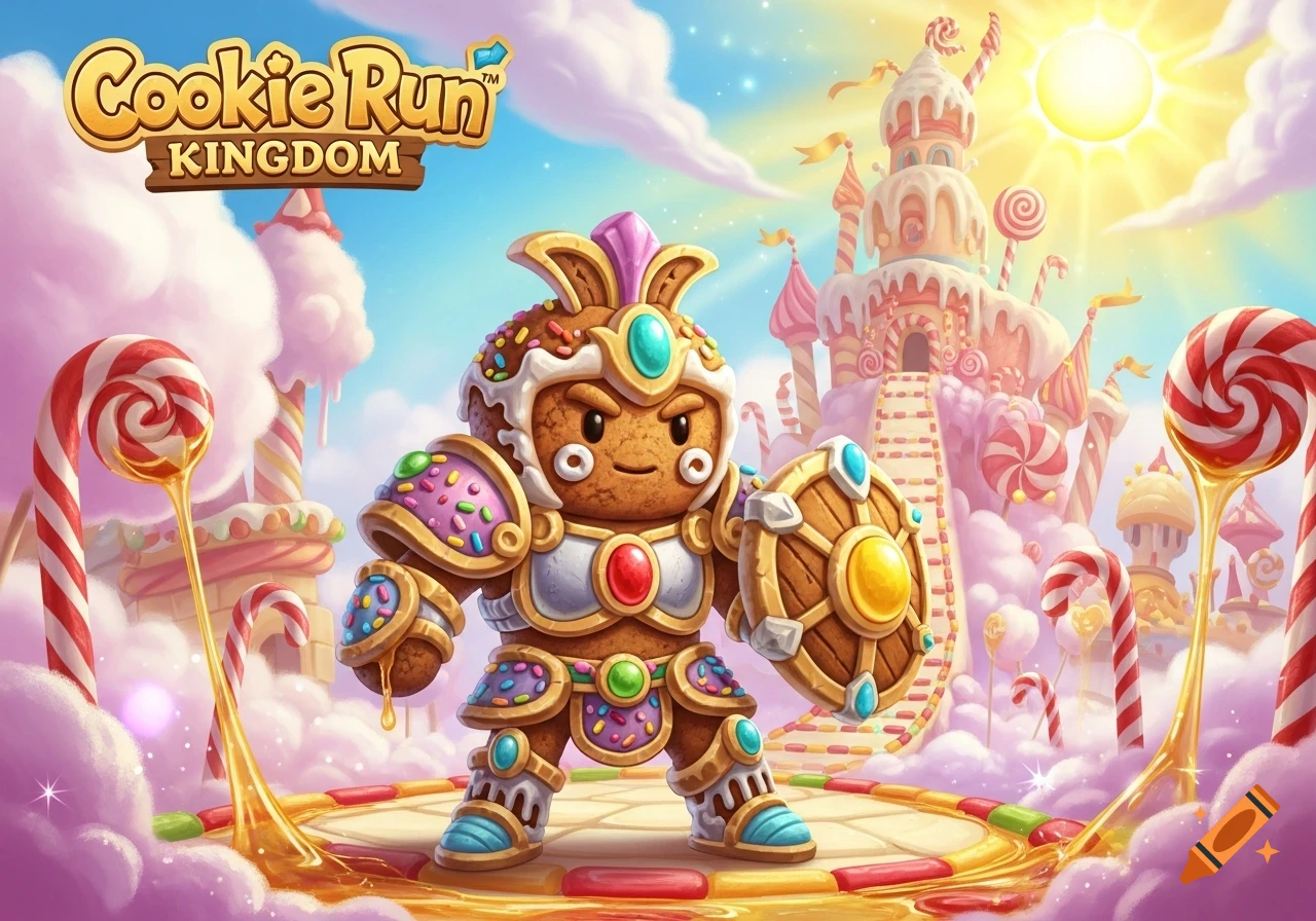 A cartoon cookie character in armor with a shield stands in a vibrant candy kingdom with a castle, under a sunny sky.