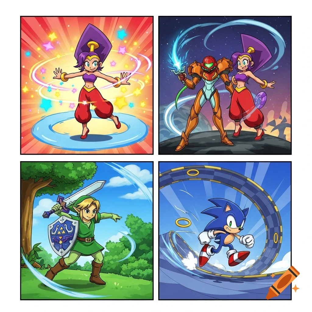 Four-panel comic art of video game characters: Shantae, Samus, Link, and Sonic in action scenes.