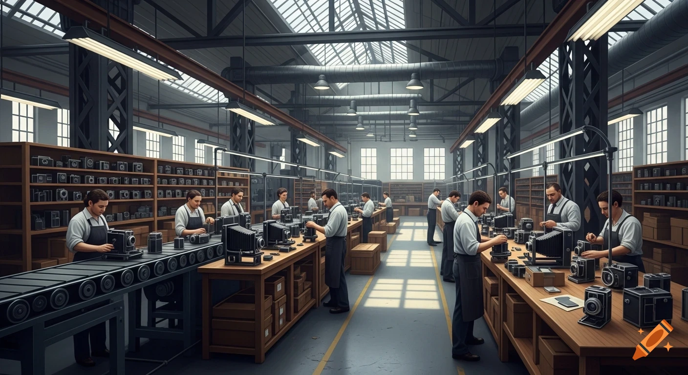 Workers assemble vintage cameras on an industrial assembly line in a factory with large windows and overhead lighting.