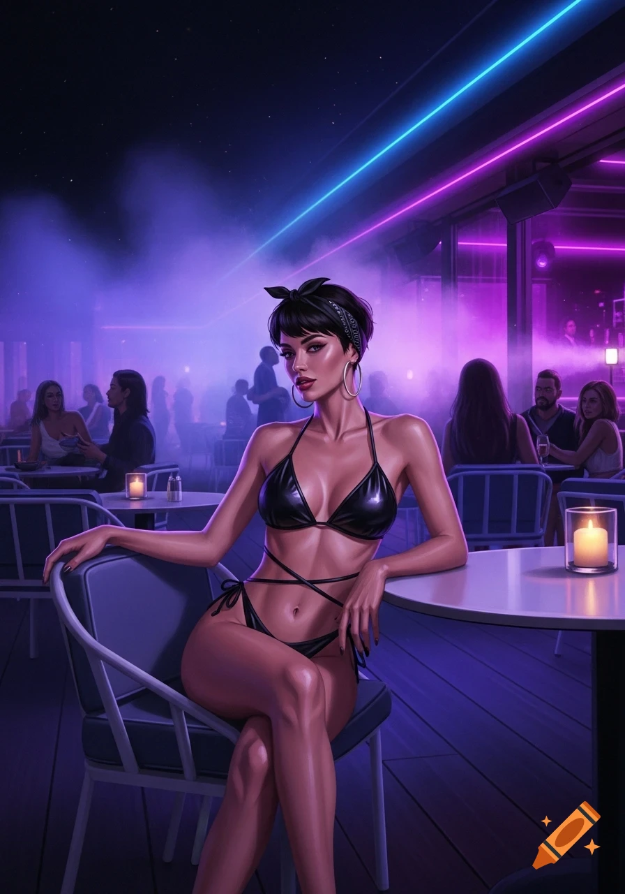 Digital art of a woman in a black bikini and bandana sitting at a nightclub patio table under neon lights.
