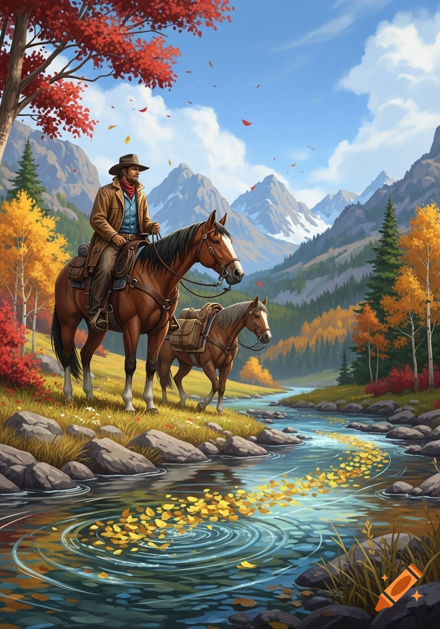 A cowboy on horseback with a pack horse by a river in an autumn mountain valley, digital painting.