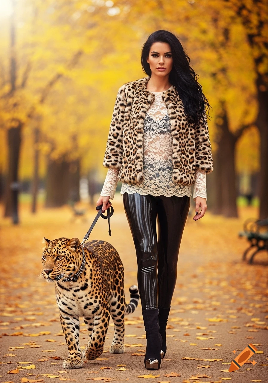 A woman in a leopard print coat and shiny black leggings walks a ...