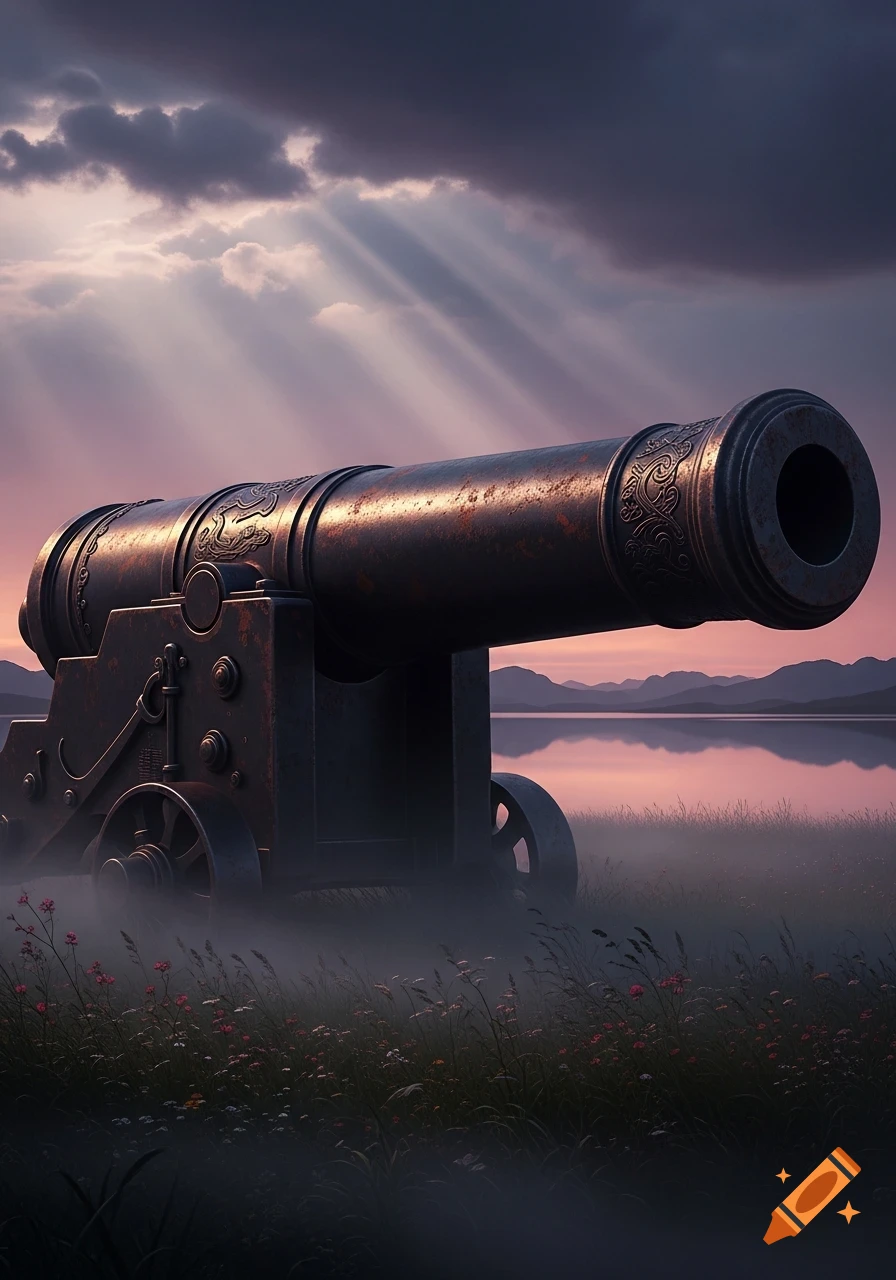 A large, ornate cannon in a misty field by a lake, with mountains and sun rays piercing dramatic clouds at sunset.
