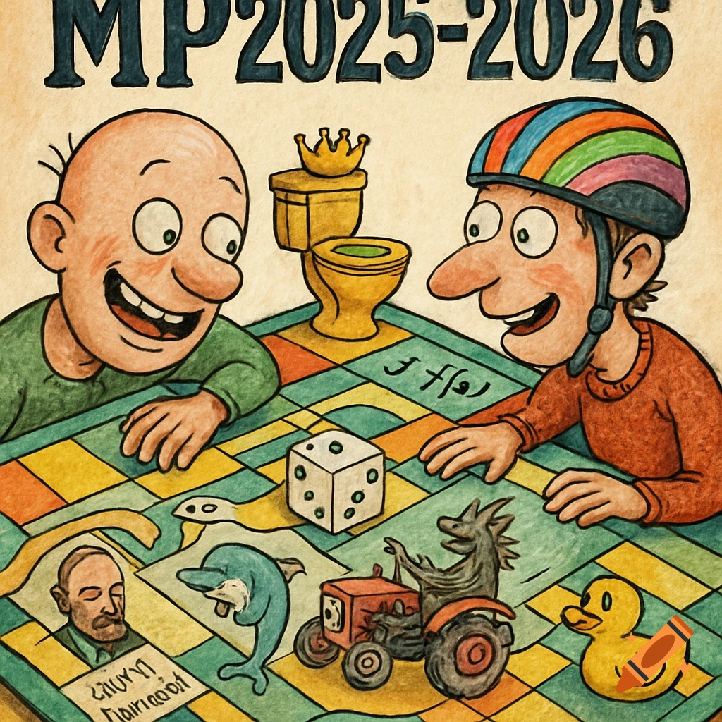 Two smiling cartoon men lean over a colorful board game featuring a royal toilet, a dolphin, a tractor with a creature, a dice, and a rubber duck. Text 'MP 2025-2026' is at the top.