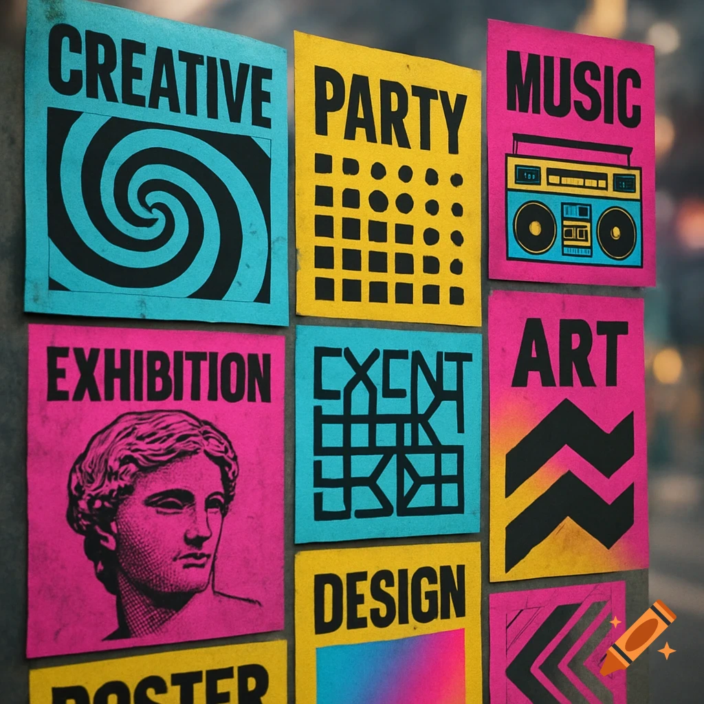 A grid of colorful, distressed posters with various abstract graphics and bold text like 'CREATIVE,' 'PARTY,' 'MUSIC,' 'EXHIBITION,' and 'ART.'