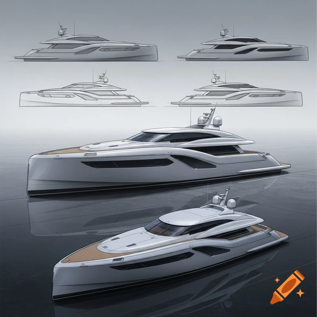 Multiple views of a sleek modern yacht design, featuring four line sketches and two rendered 3D perspectives.
