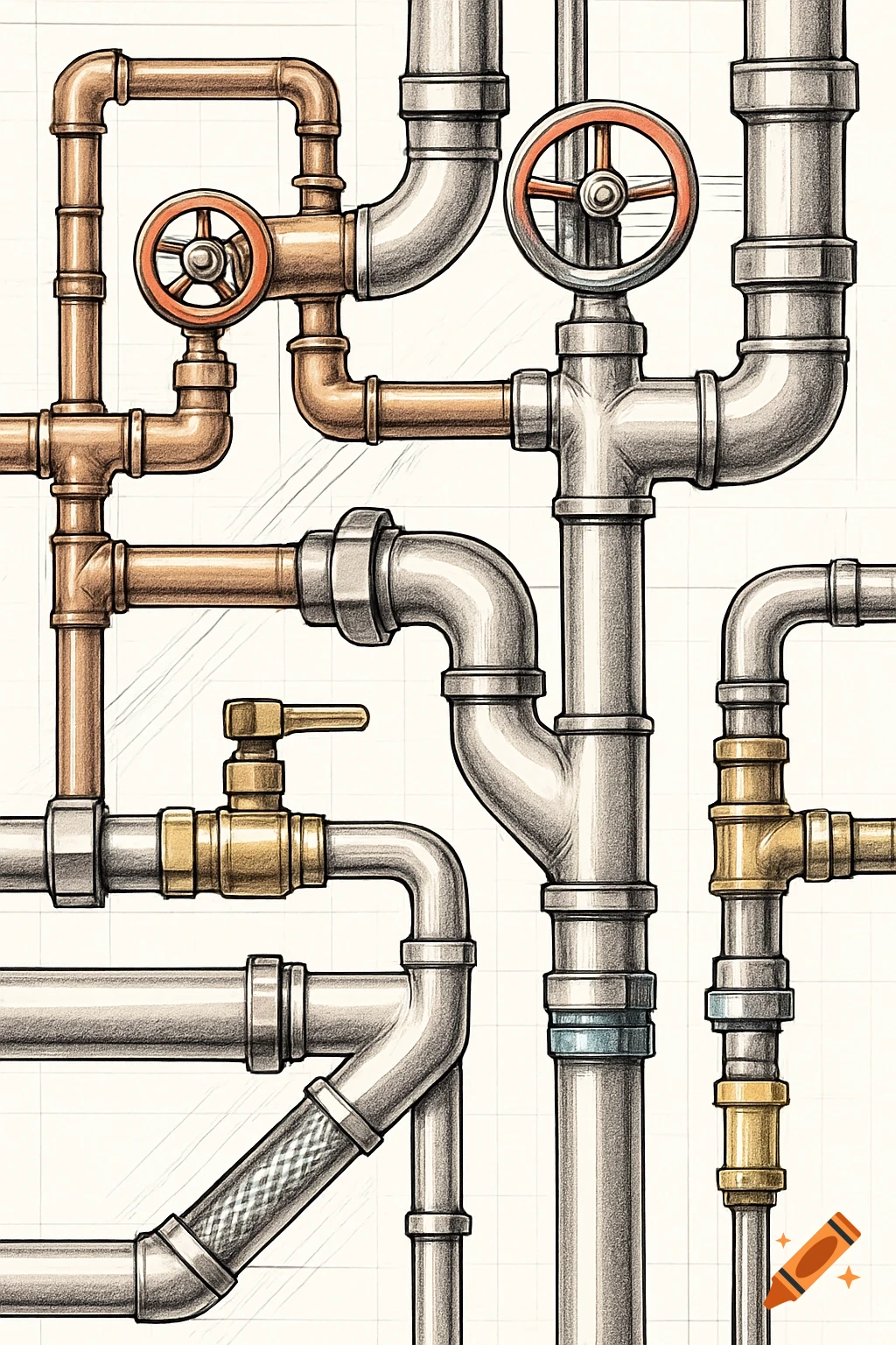 An intricate technical drawing of various bronze and silver plumbing pipes, elbows, and valves on a white grid background.