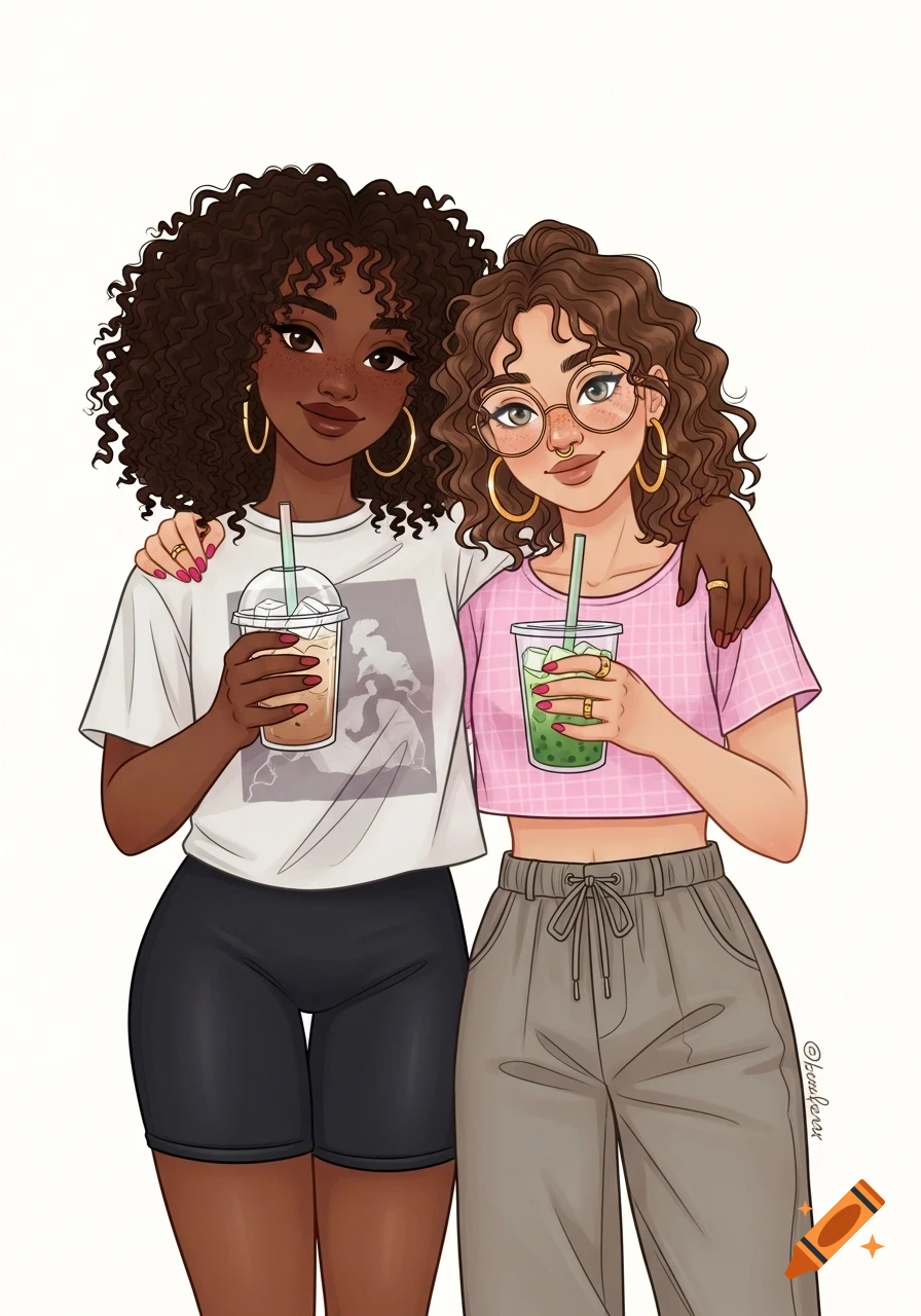 Two smiling cartoon women, one dark-skinned with curly hair and iced coffee, the other with glasses and iced matcha, standing arm-in-arm.