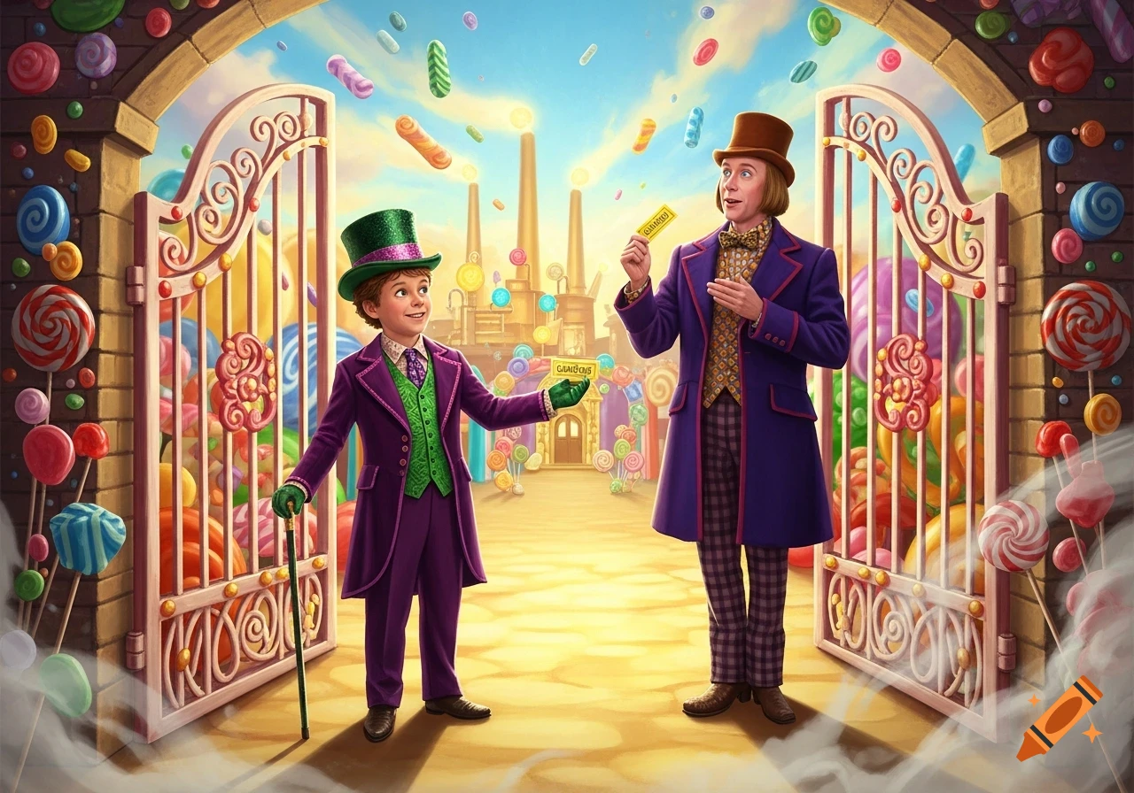 A boy dressed as Willy Wonka and an adult dressed as Charlie stand at a vibrant candy factory gate, holding tickets.