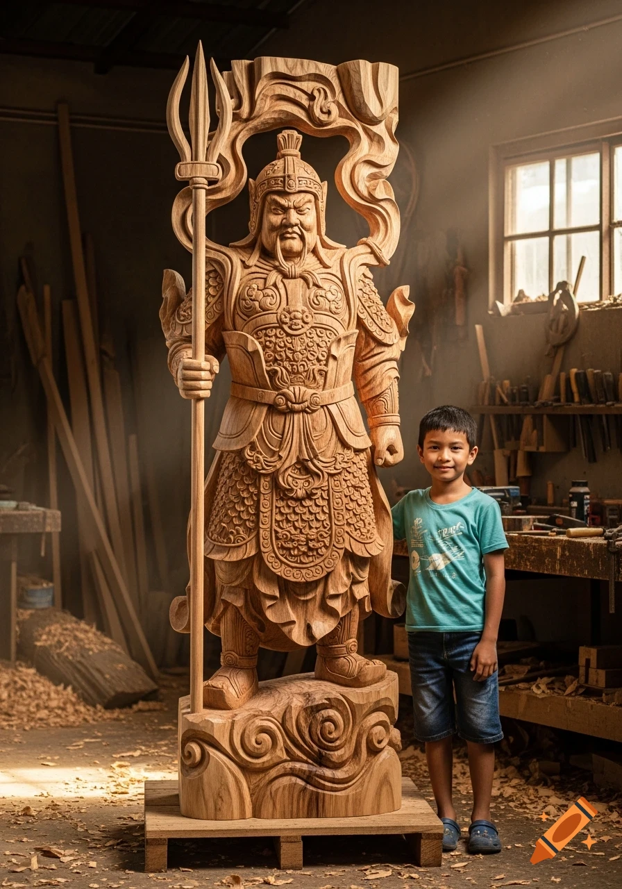 A smiling child stands beside a tall, intricately carved wooden statue of a warrior in a sunlit woodworking shop.