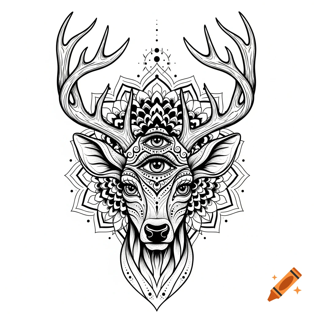 Black and white tattoo design of a mystical deer head with three eyes and antlers, surrounded by an intricate mandala pattern.