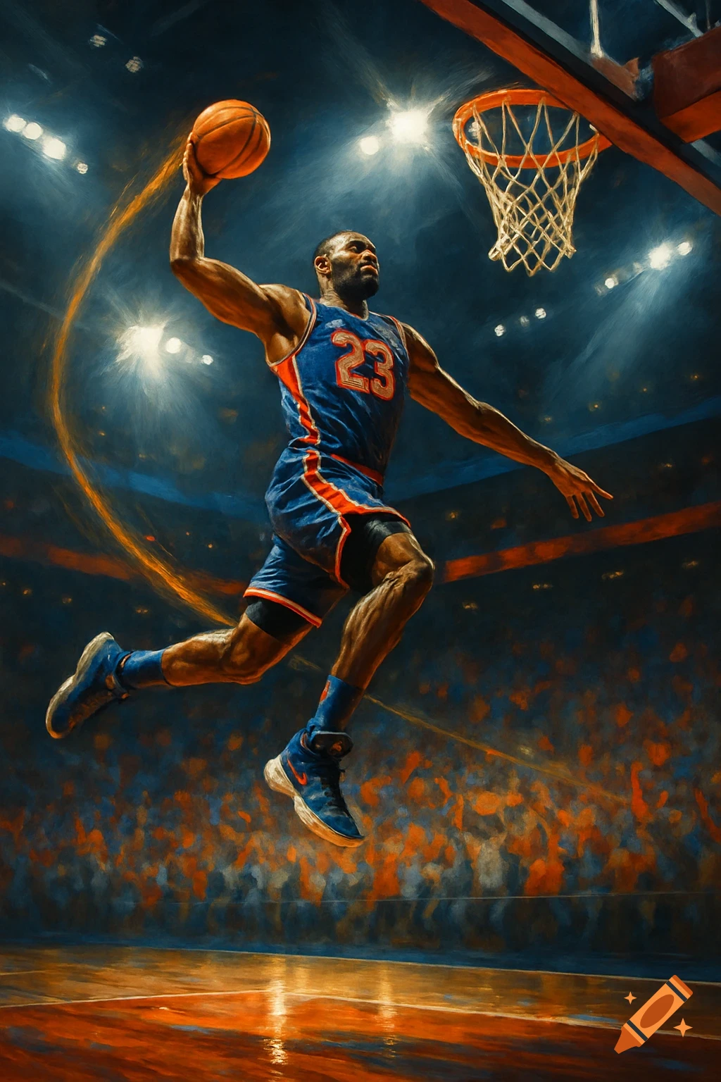 A basketball player in a blue and red jersey with number 23 dunks a ball in a vibrant, painterly style sports arena.