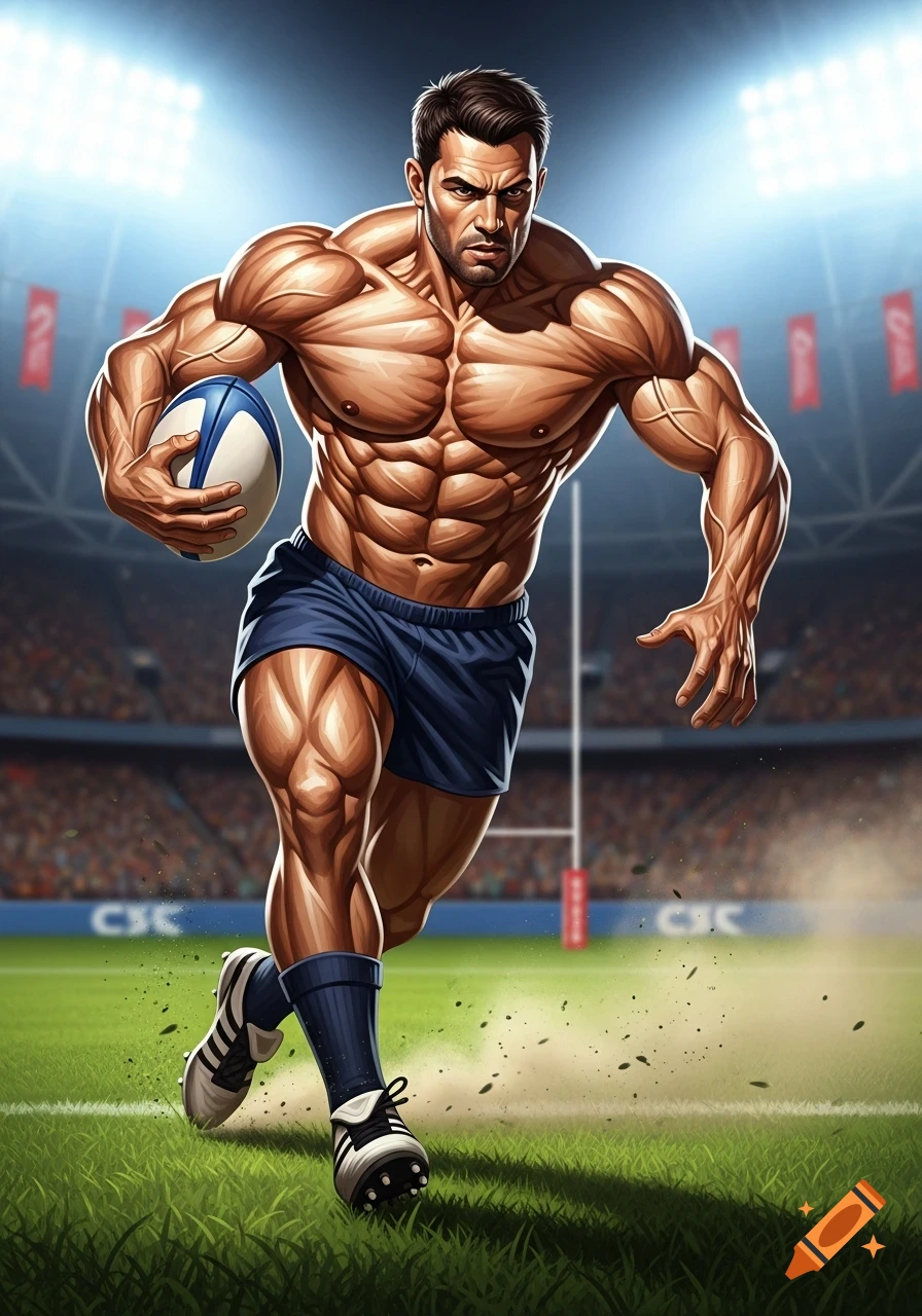 Muscular, shirtless rugby player in blue shorts and cleats runs across a stadium field with a ball, under bright lights.