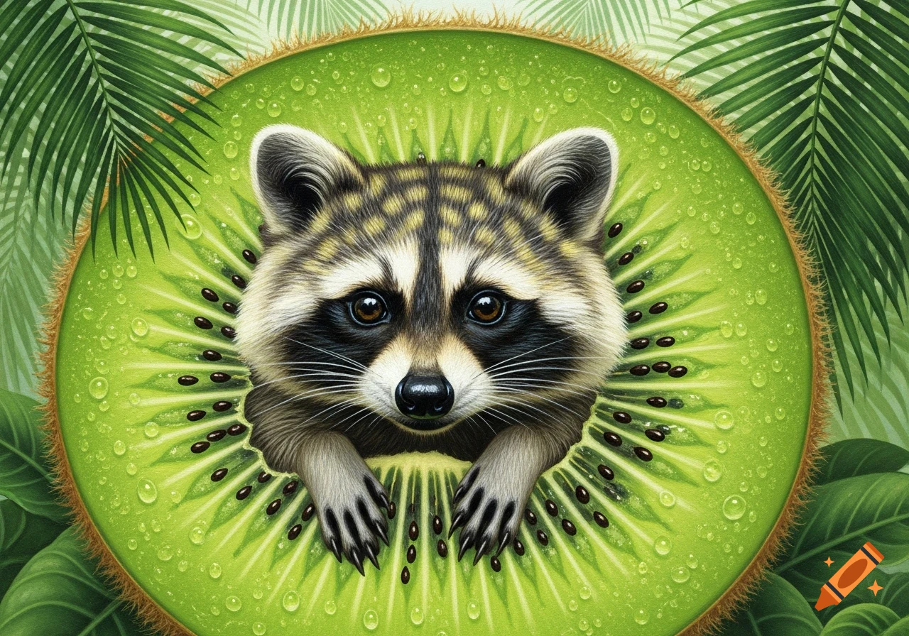 A cute raccoon peeks from the center of a sliced kiwi with water droplets, surrounded by green tropical leaves.
